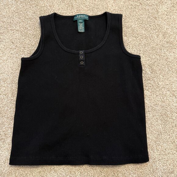 Ralph Lauren Black Ribbed Stretchy Sleeveless Tank Top Buttons Women's Petite L - Picture 3 of 7